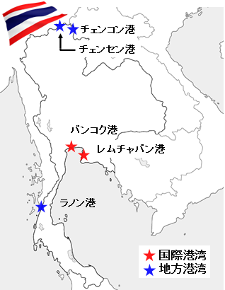 地図：タイ港湾公社の管轄下にある各港が国際港湾と地方港湾に区別され位置図に表示されている。