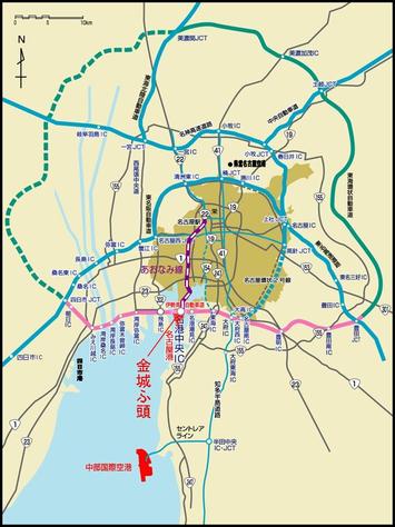 地図：東海3県から金城ふ頭へのアクセスを、広域道路網図で表示