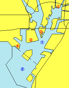 空間の放射線量の測定地点は、ガーデンふ頭、金城ふ頭、飛島ふ頭、鍋田ふ頭の4か所です。海水中の放射性物質の測定地点は、金城ふ頭南側、高潮防波堤外側の2か所です。